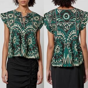 NEW Sea New York Charlough Cotton Split Neck Flutter Sleeves Top in Green/Black